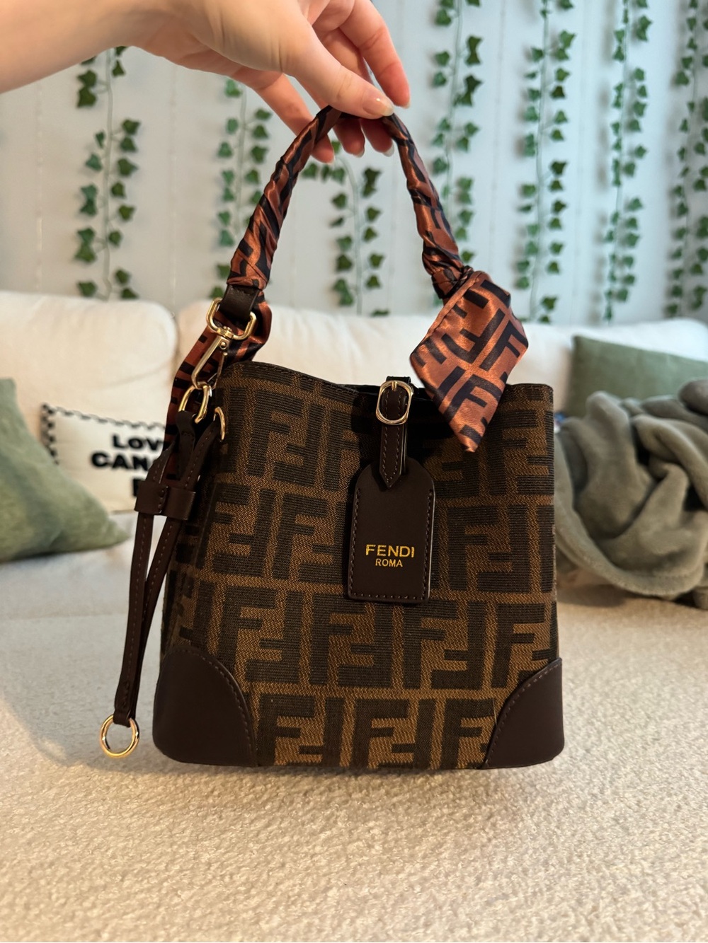 Brown FF Logo Tote Bag with Scarf Handle